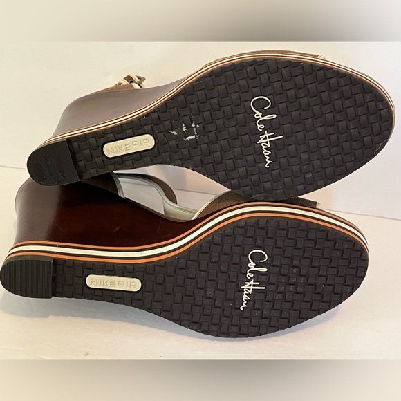 Cole Haan G Series Brown Canvas Stripes Peep Toe Wedge Heel Sandal - Picture 11 of 17